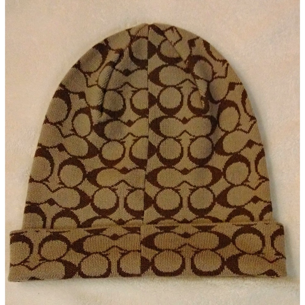 Coach Beige Brown Logo Knit Wool Beanie Hat One Size Women Fall Winter Casual